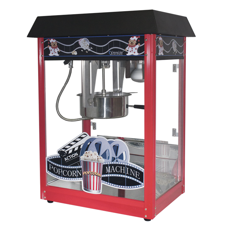 Red popcorn machine with glass housing and popcorn graphic
