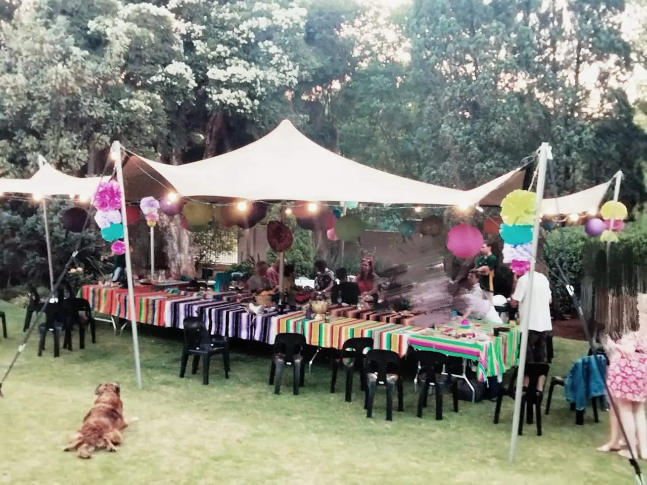 Colorful tables under a white tent in a green setting