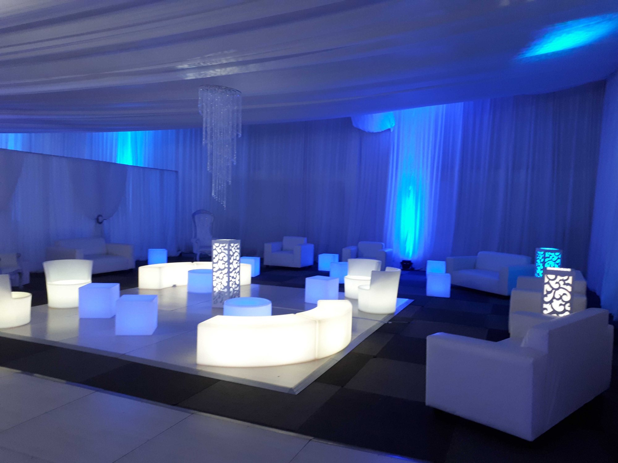 Lounge area with LED furniture and blue lighting