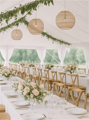Long banquet table with floral arrangements and tableware under a tent