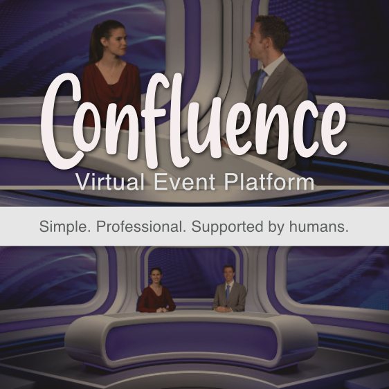 Confluence Virtual Event Platform graphic with two presenters at a studio desk.