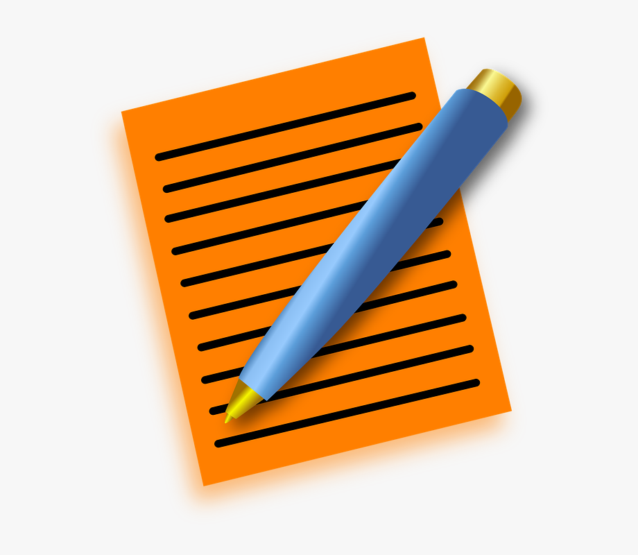Orange notepad with black lines and blue pen
