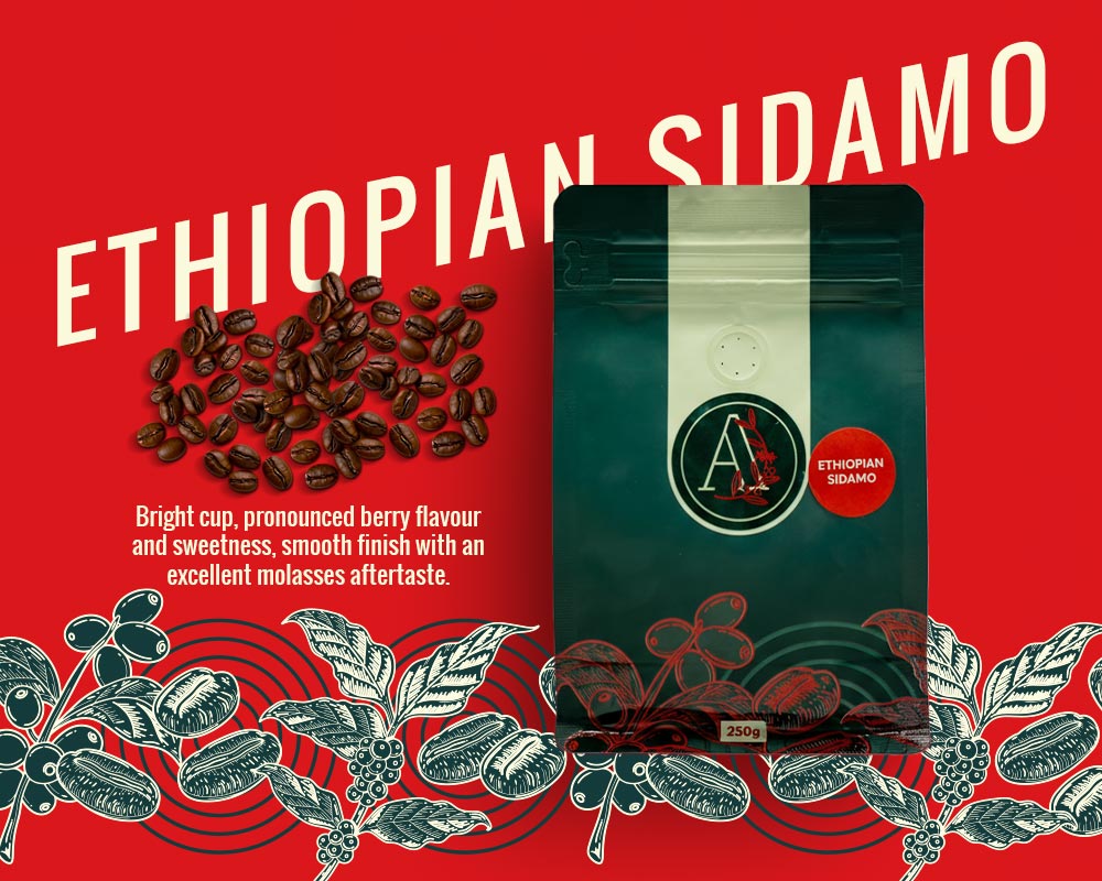 Bright red coffee bag labelled Ethiopian Sidamo with coffee beans.