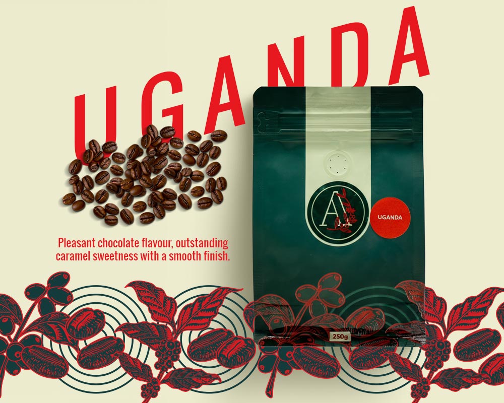 Coffee bag labeled UGANDA with flavor notes
