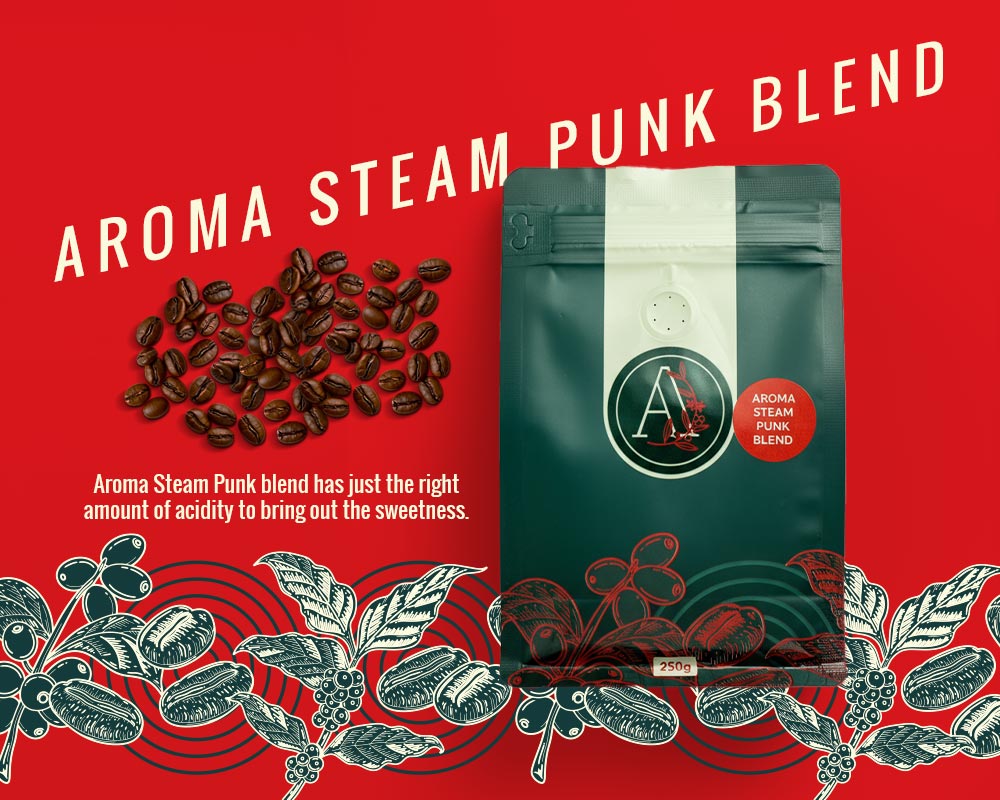 Coffee blend package with beans and decorative elements