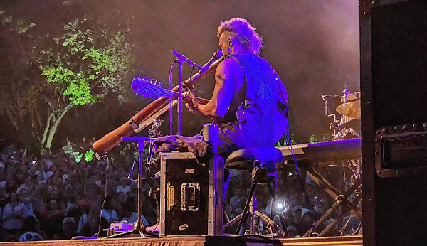 Musician performing on stage with audience in background