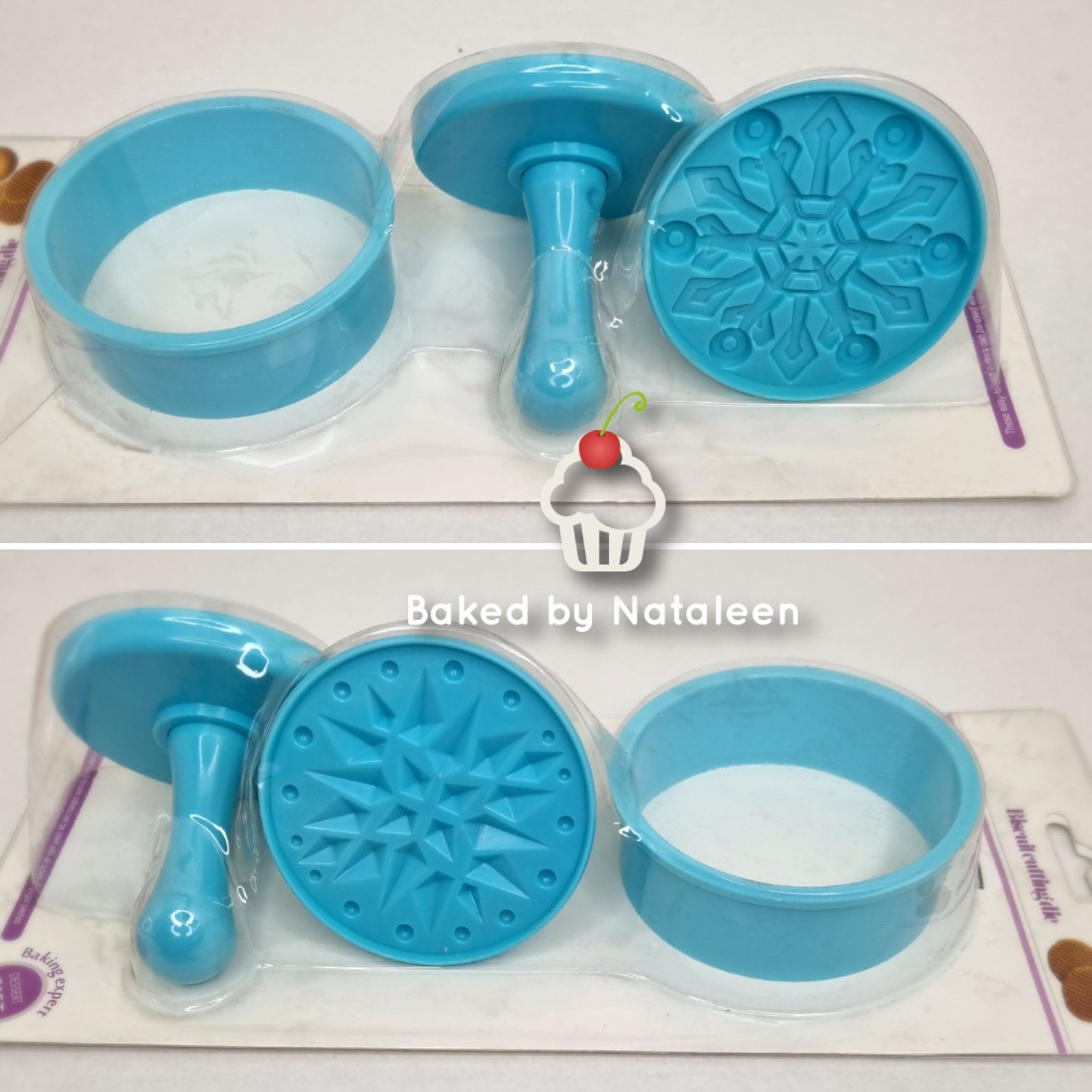 Blue snowflake and star fondant cutters in packaging