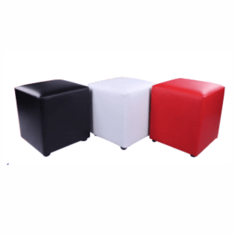 Three cube ottomans in black, white, and red.