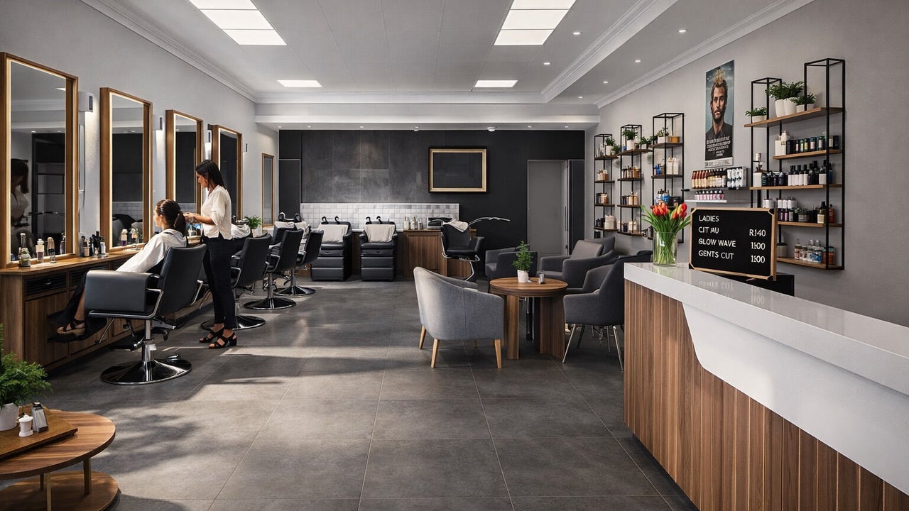 Modern bridal makeup studio with mirrors and beauty products