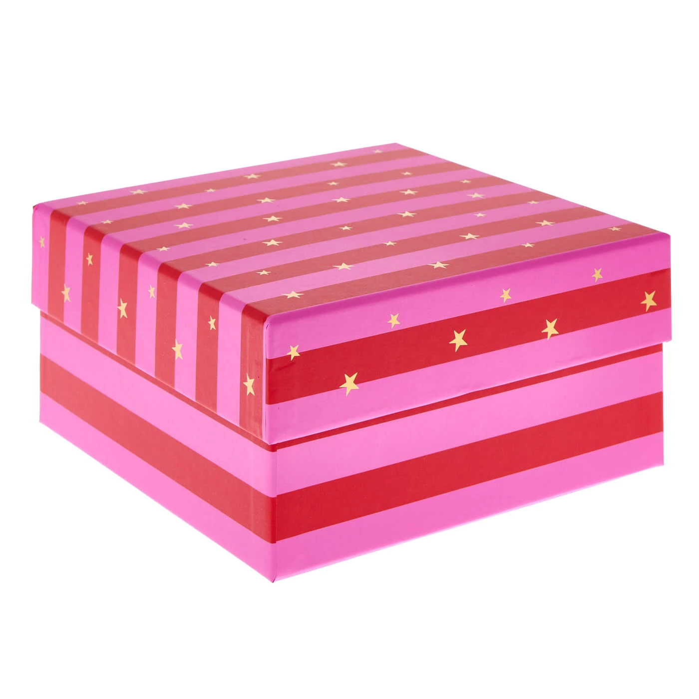 Pink and red striped gift box with gold stars