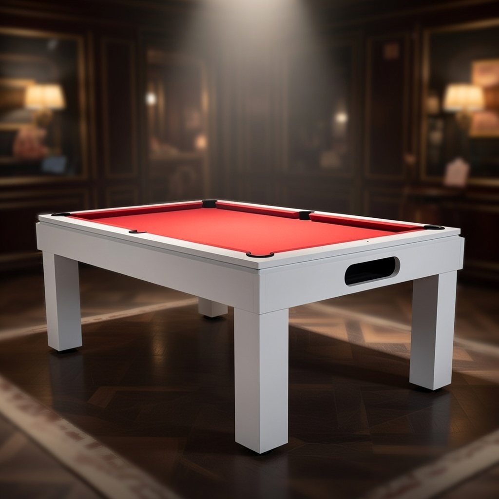 White pool table with red felt in an elegant setting.