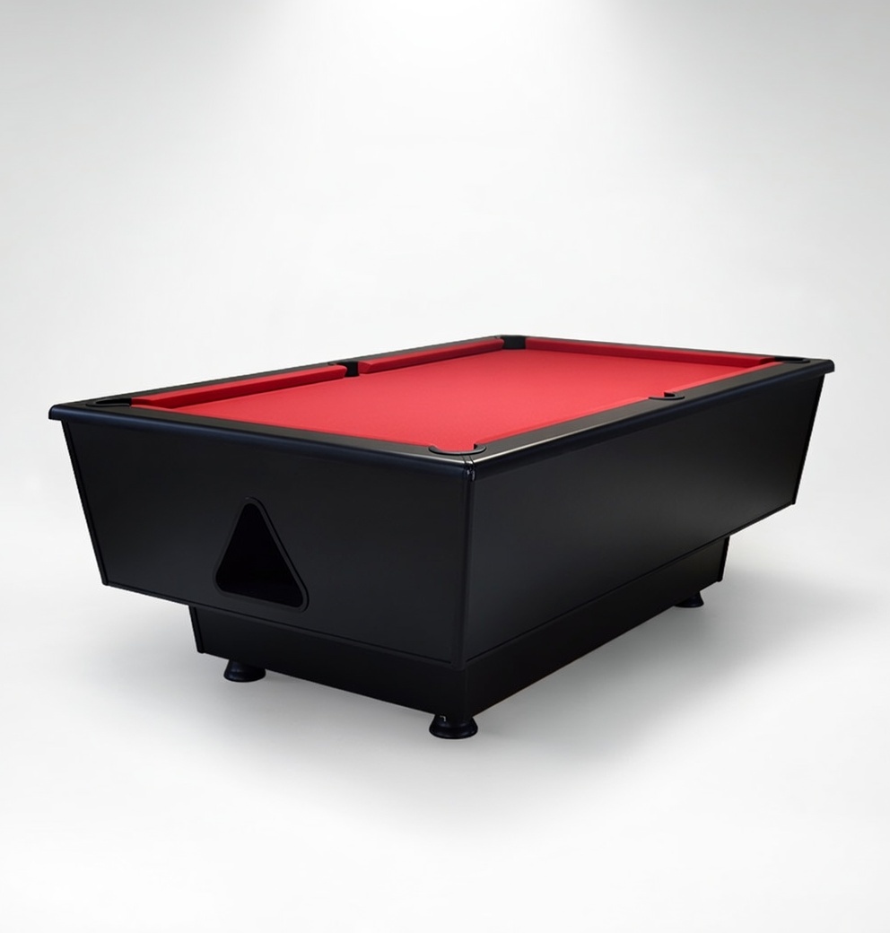 Black pool table with red felt surface