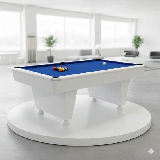 A modern white pool table with blue felt and balls set up in a spacious room.