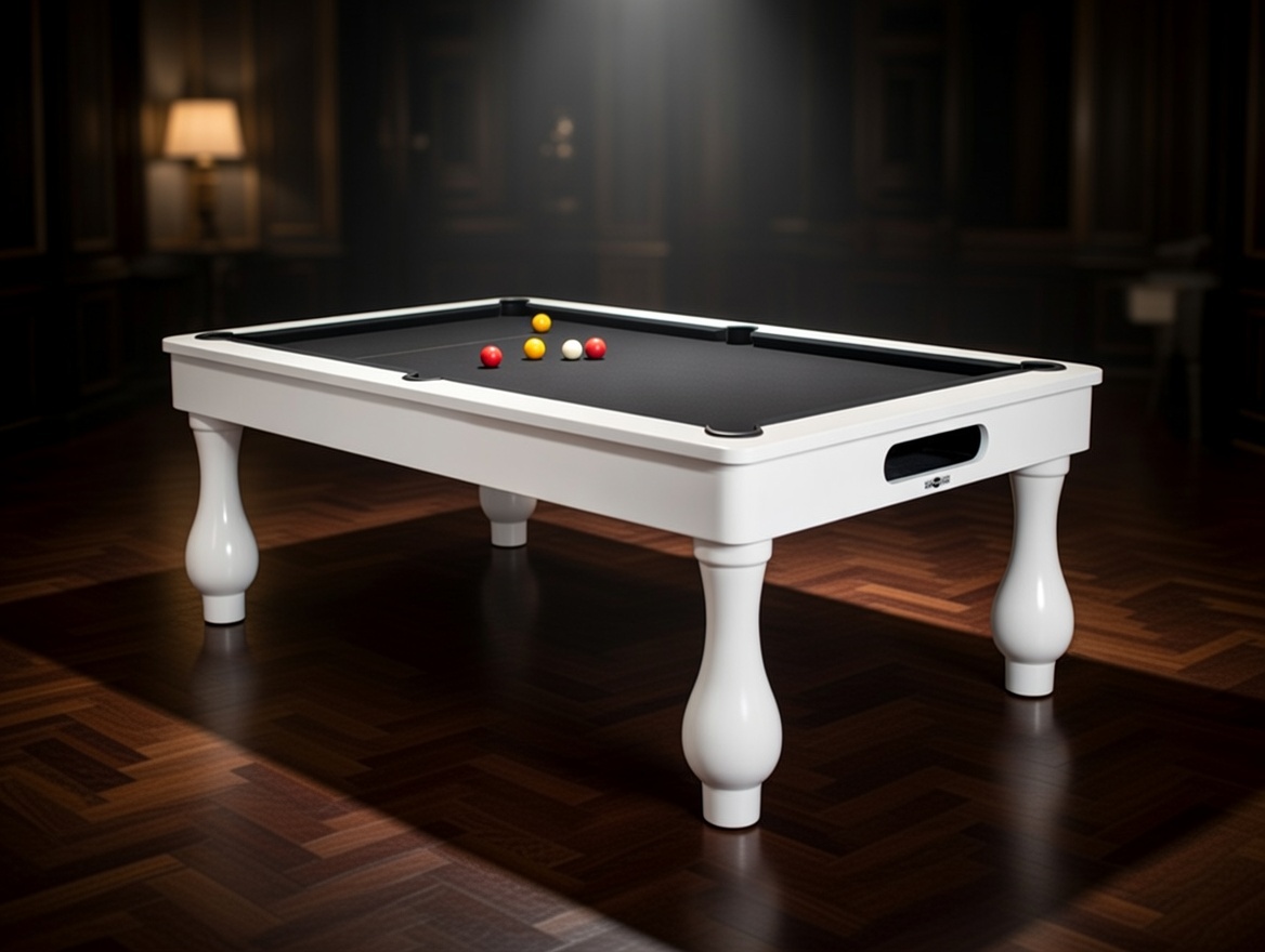 White pool table set up for an event with balls placed on the table.