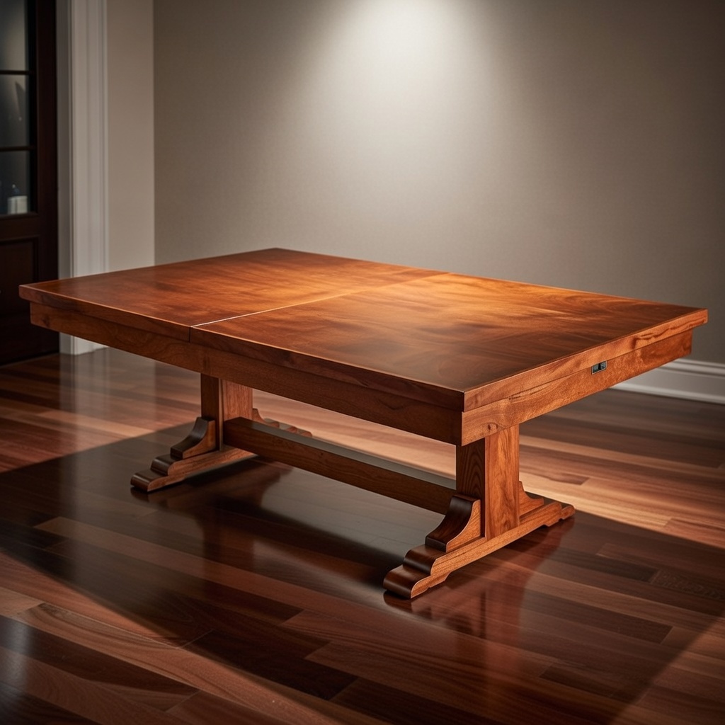 Solid wooden table with a polished finish in a room