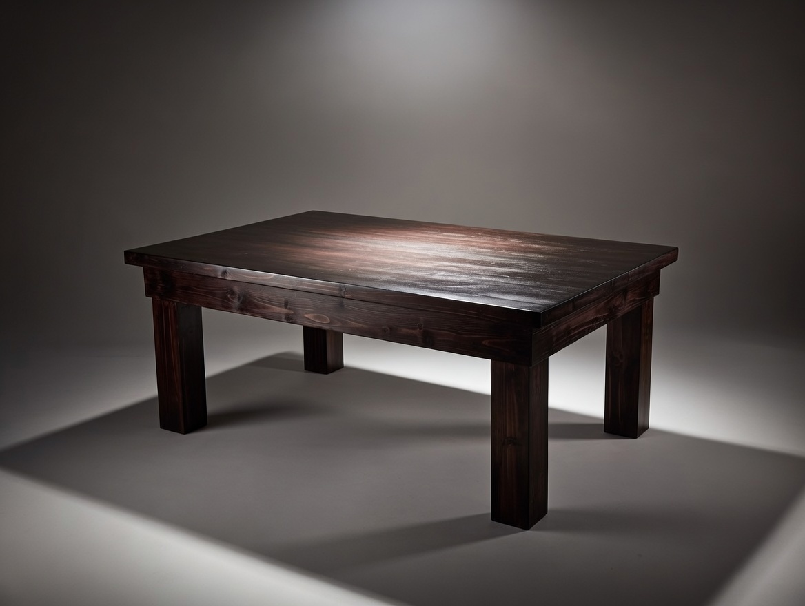 A rustic wooden table with dark finish and strong legs.