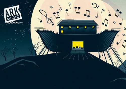 Artistic graphic featuring a house on a floating platform with musical notes