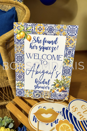 Welcome sign for Abigail's bridal shower with floral design