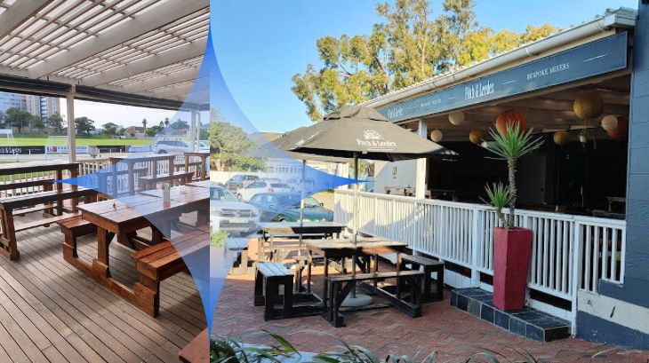 Outdoor seating area with tables and umbrellas
