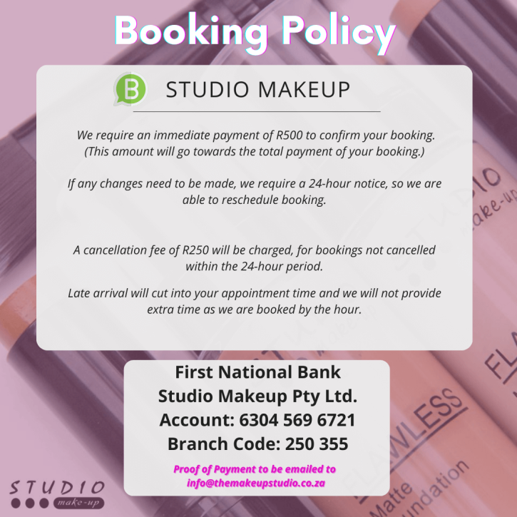 Studio Makeup booking policy details with payment and cancellation information.