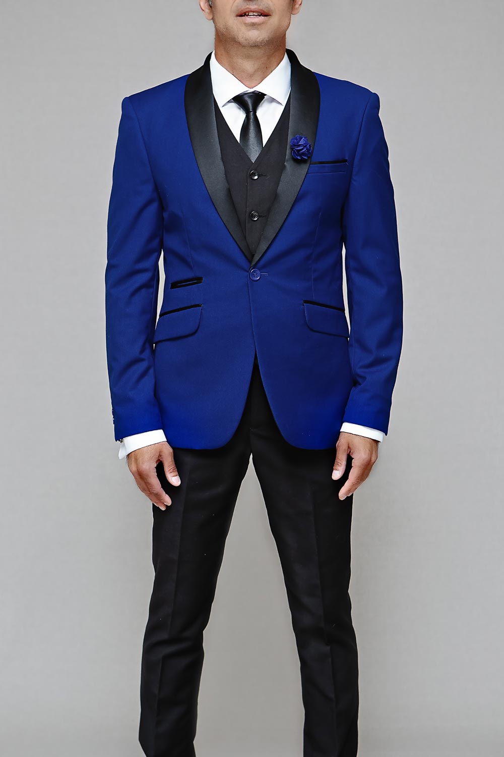 Royal blue tuxedo with black lapels and a waistcoat