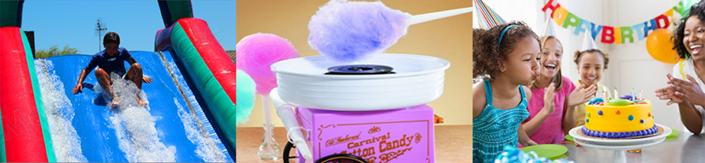 Child on water slide with cotton candy machine and birthday celebration.