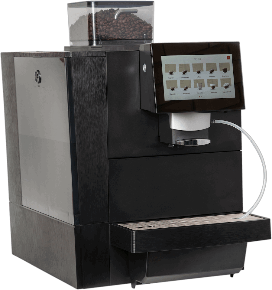 Black commercial coffee machine with a touchscreen and bean hopper