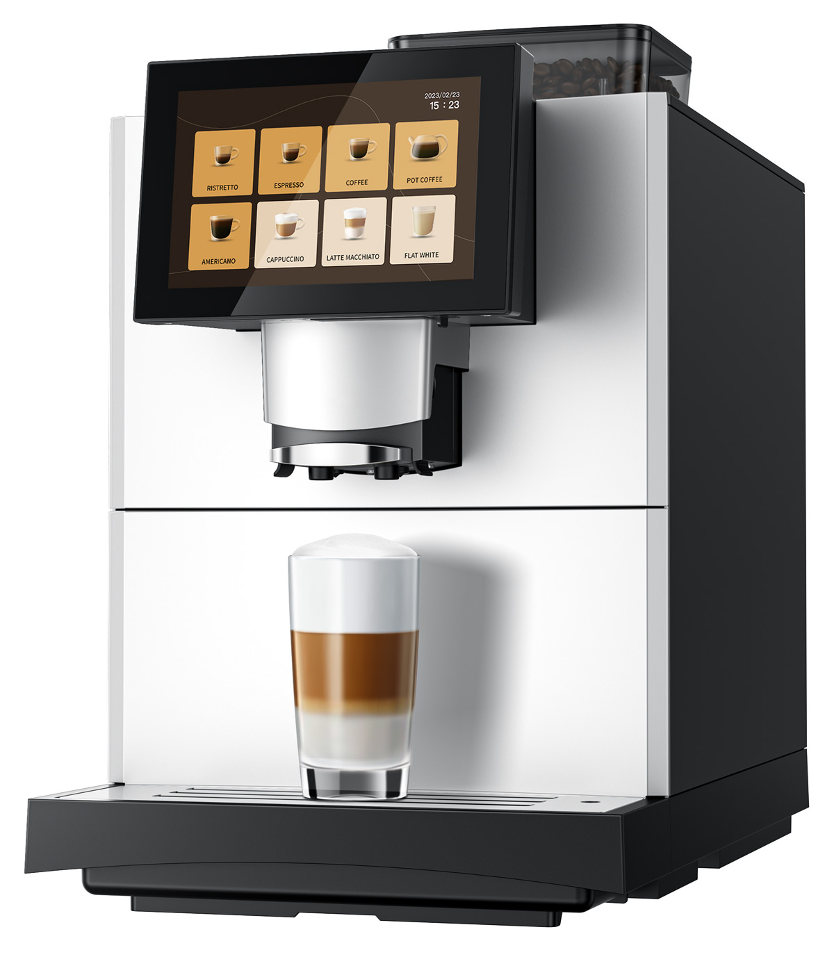 Commercial coffee machine with touchscreen and beverage options.