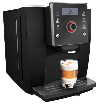 Commercial coffee machine with a glass of layered coffee