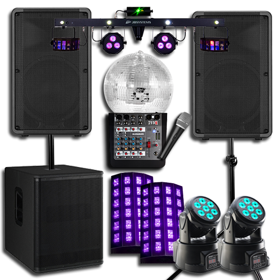 Party lighting equipment including speakers, mirror ball, and lights.