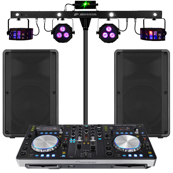 DJ equipment with speakers and party lights