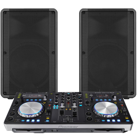 DJ mixer and speakers arranged for an event