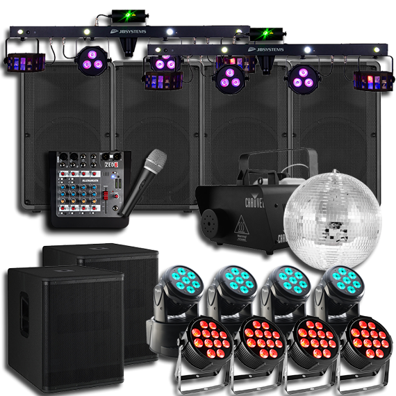 Complete sound setup with speakers, lights, and mixers