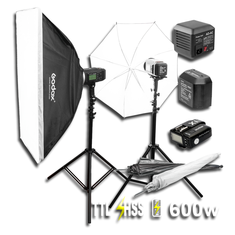 Lighting setup with softboxes and accessories