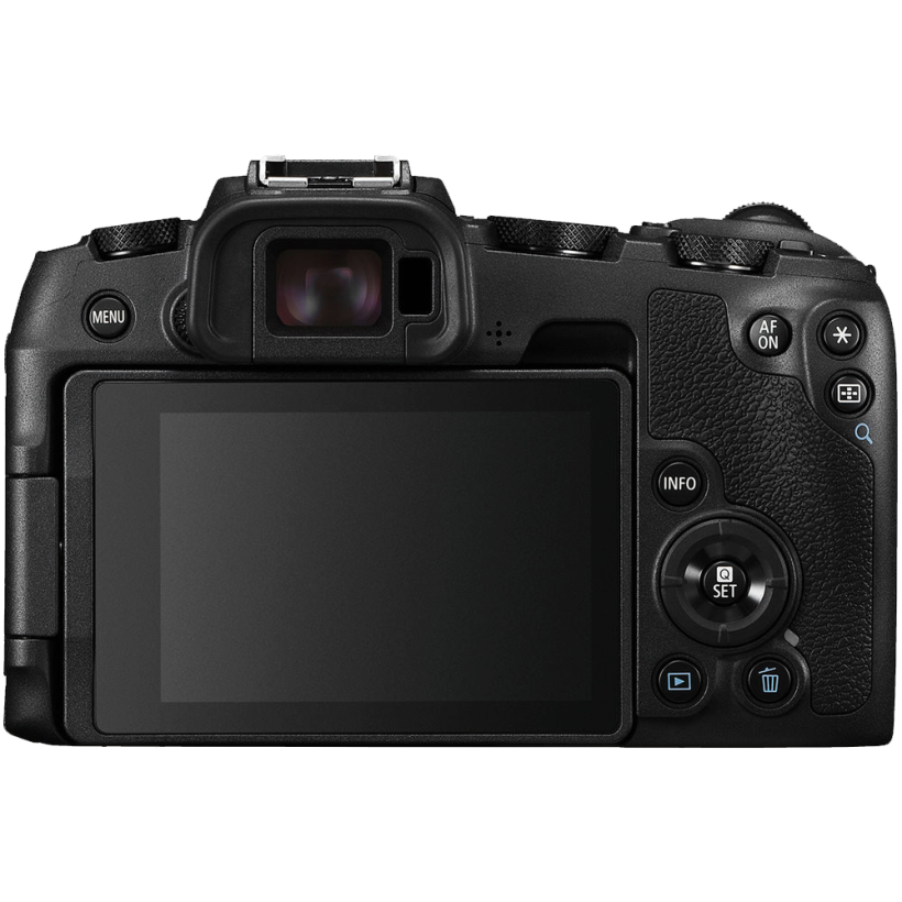 Back view of a digital camera with a display screen.