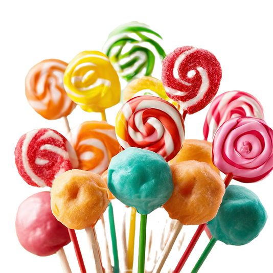Colourful assortment of lollipops and candy on sticks.
