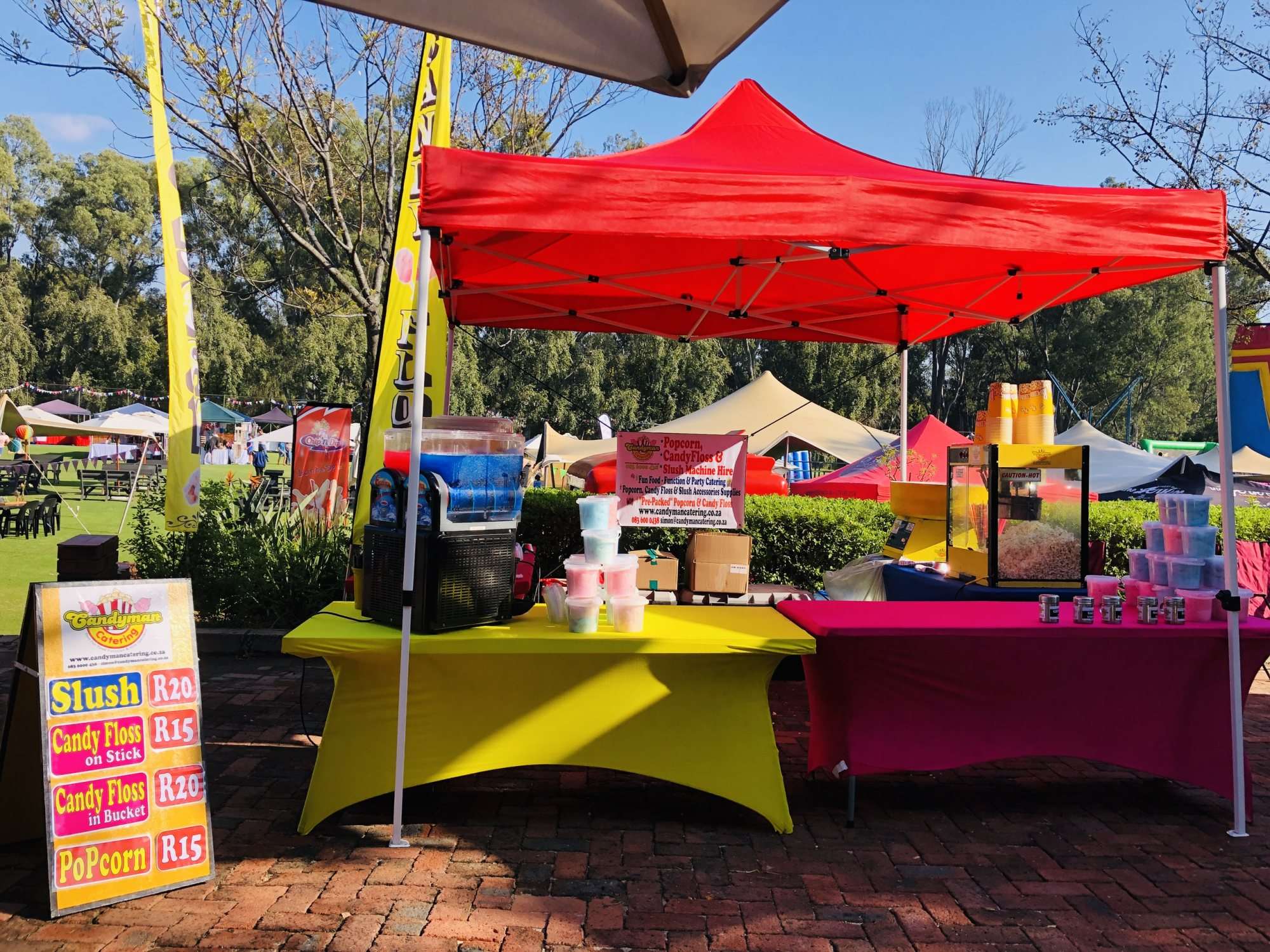 Pancake station with colorful setup and menu options