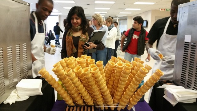 Display of empty ice cream cones at a soft serve station