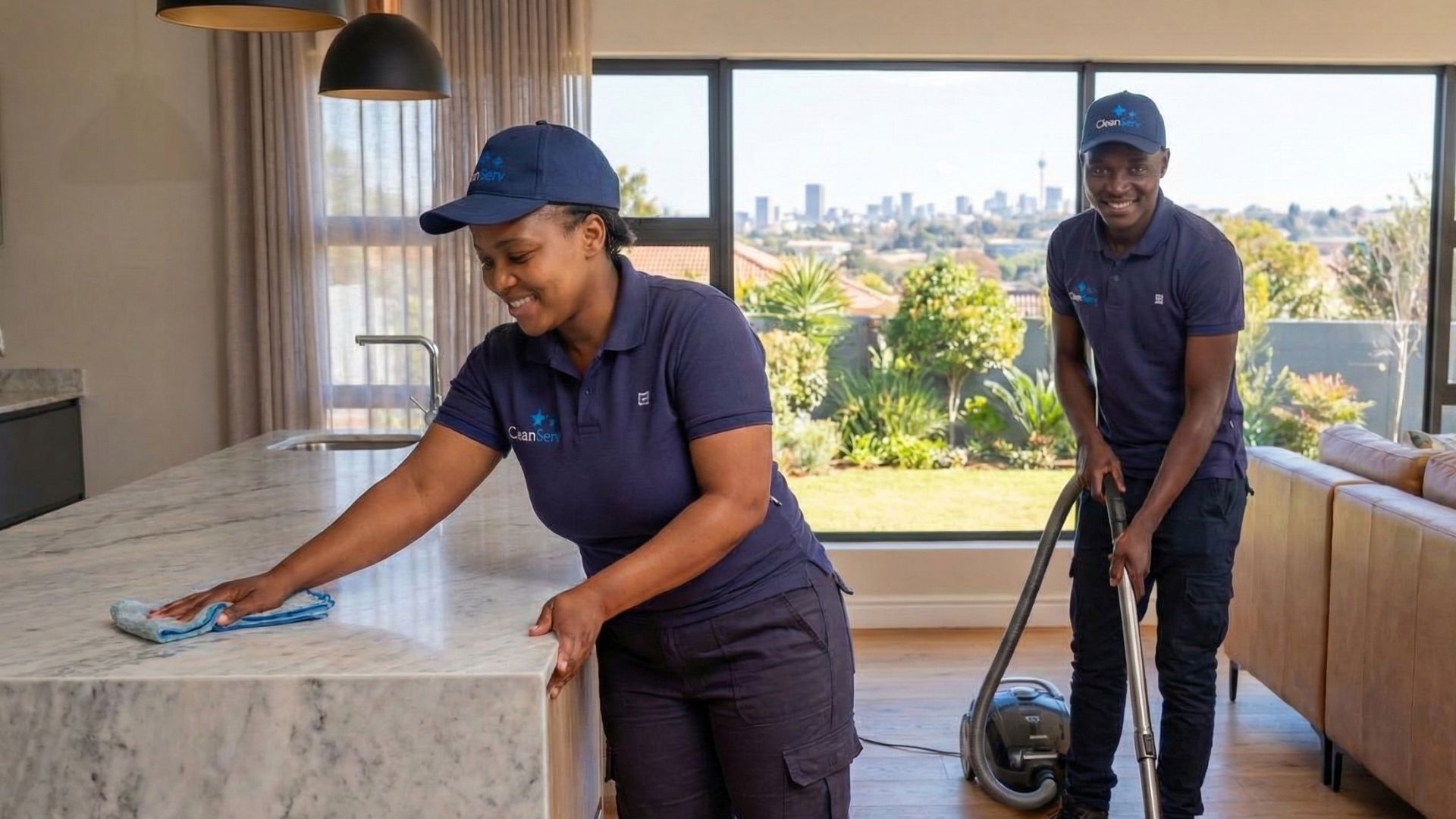 Two Clean Serv South Africa cleaners in a kitchen.