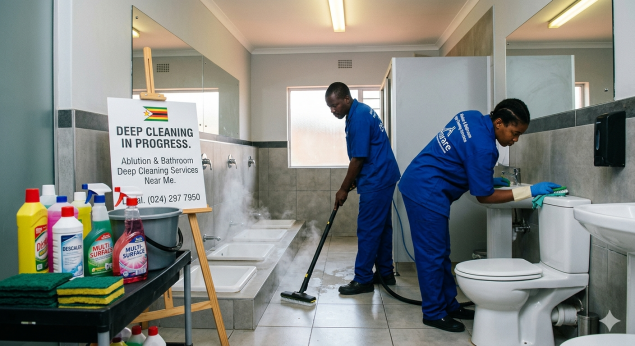 Two cleaners deep cleaning a bathroom with supplies around.