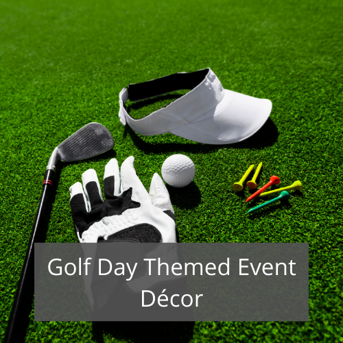 Golf accessories including a club, ball, glove, and visor on green turf.