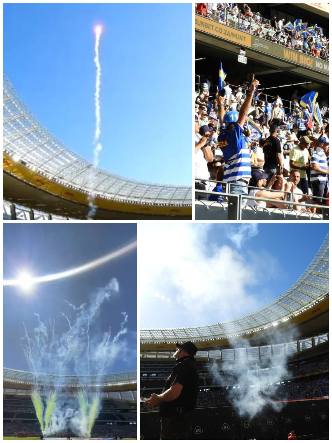 Cold spark effects during a stadium event with cheering fans