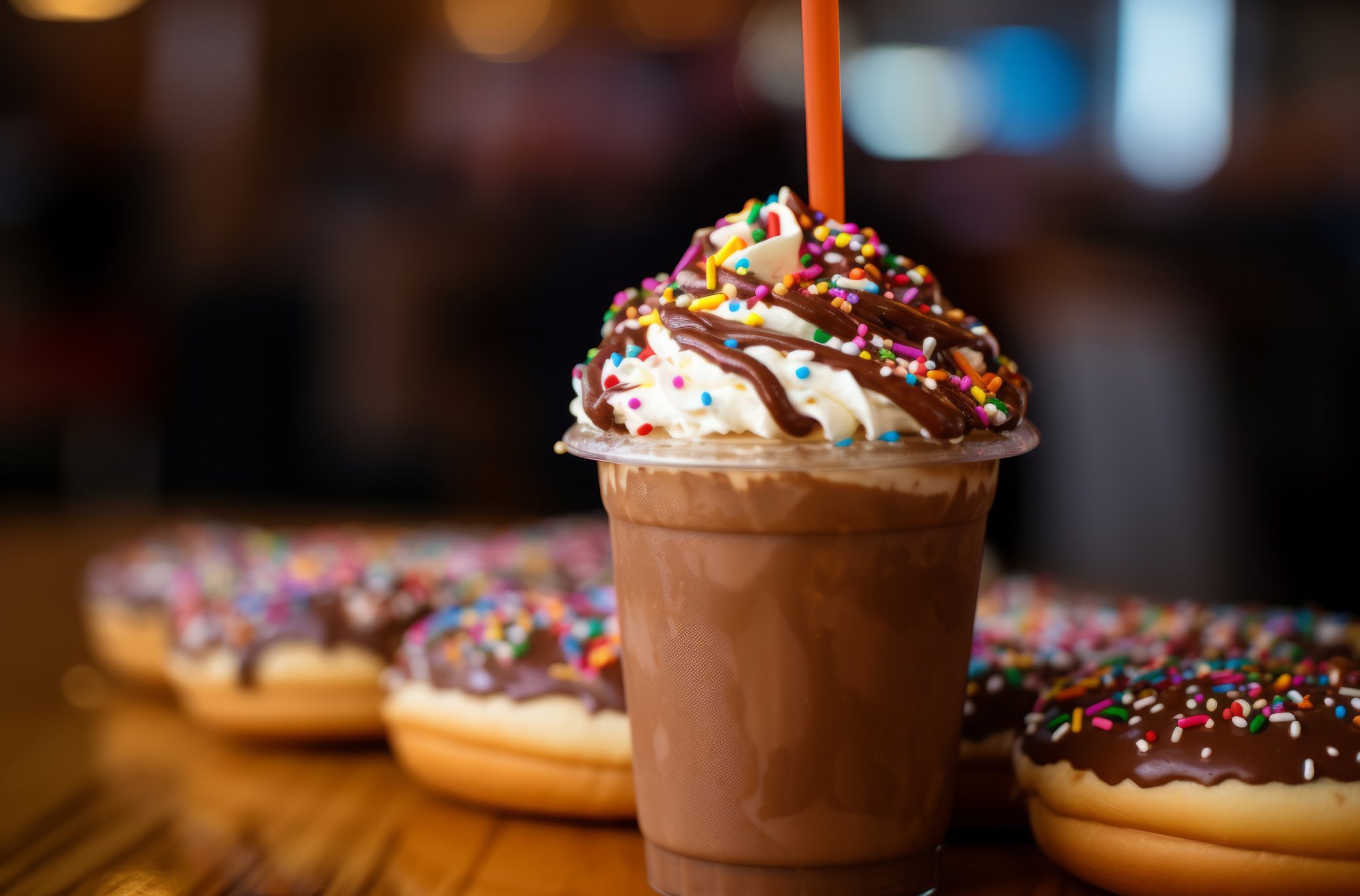 Chocolate milkshake with sprinkles and donuts