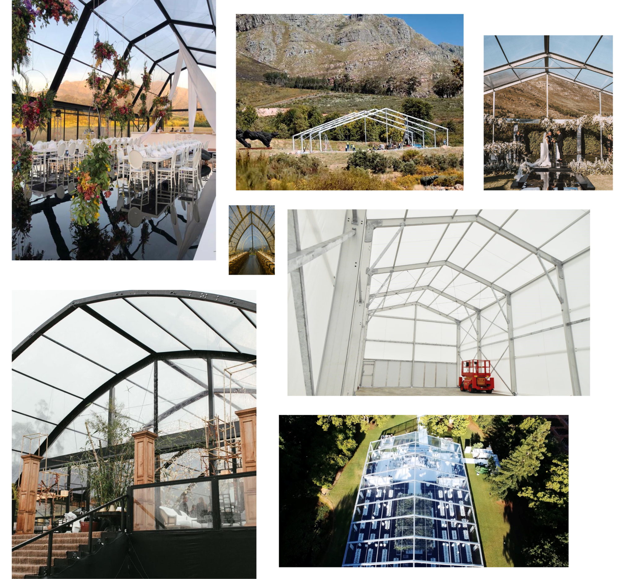 Collage of various marquee setups in outdoor settings.