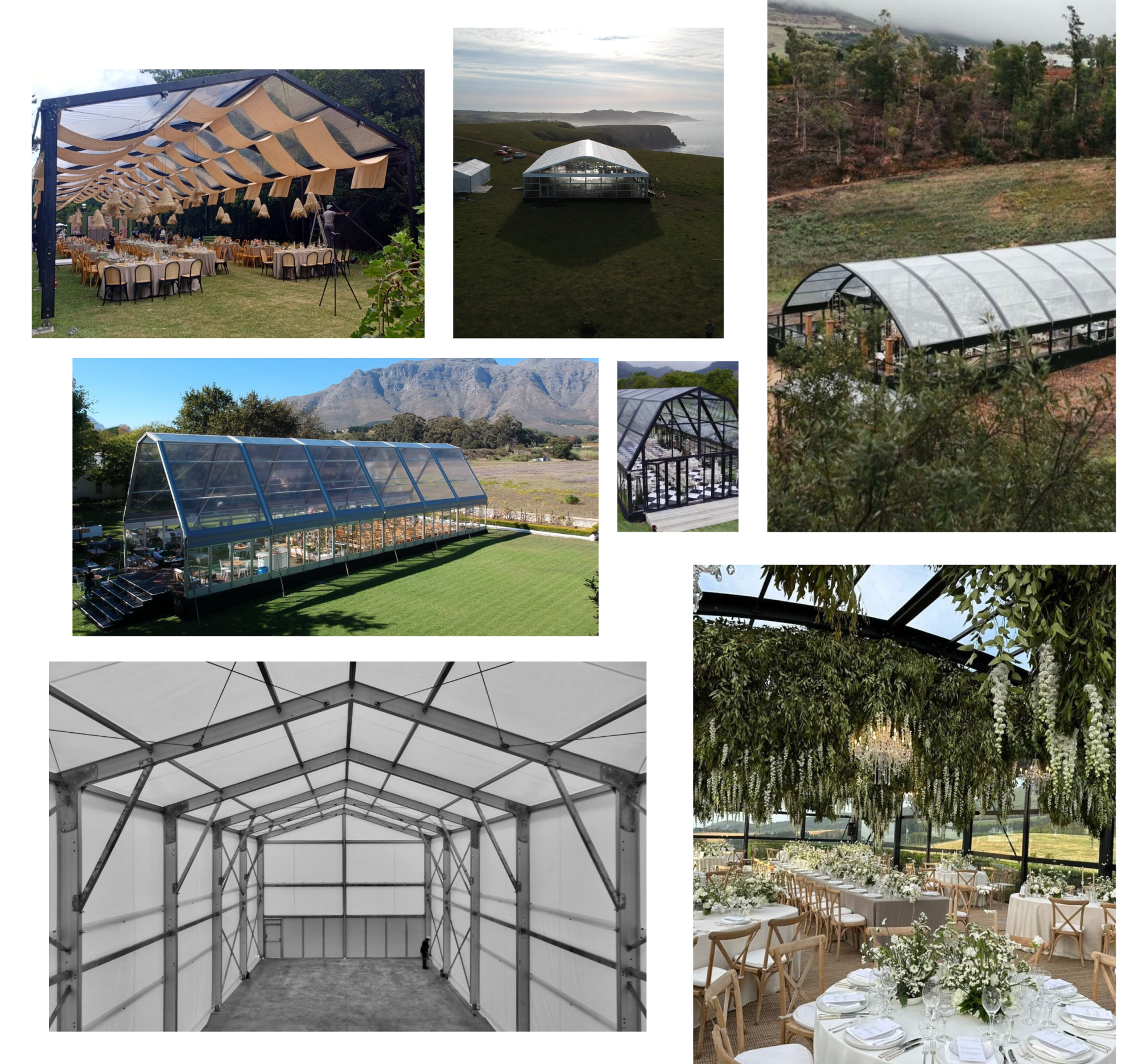 Collage of different marquee setups in outdoor settings