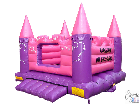 Pink and purple inflatable jumping castle with spires
