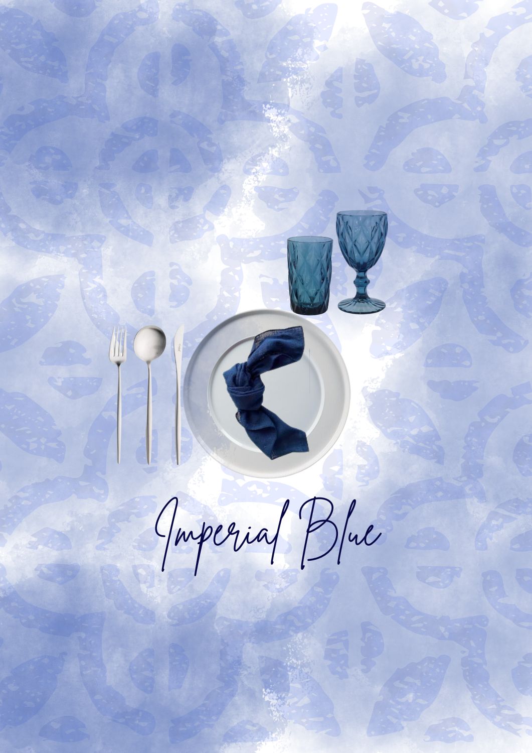 Elegant dining table setting with blue glassware and napkin.
