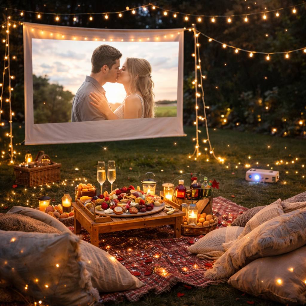 Outdoor movie setup with cushions, snacks, and a projection screen