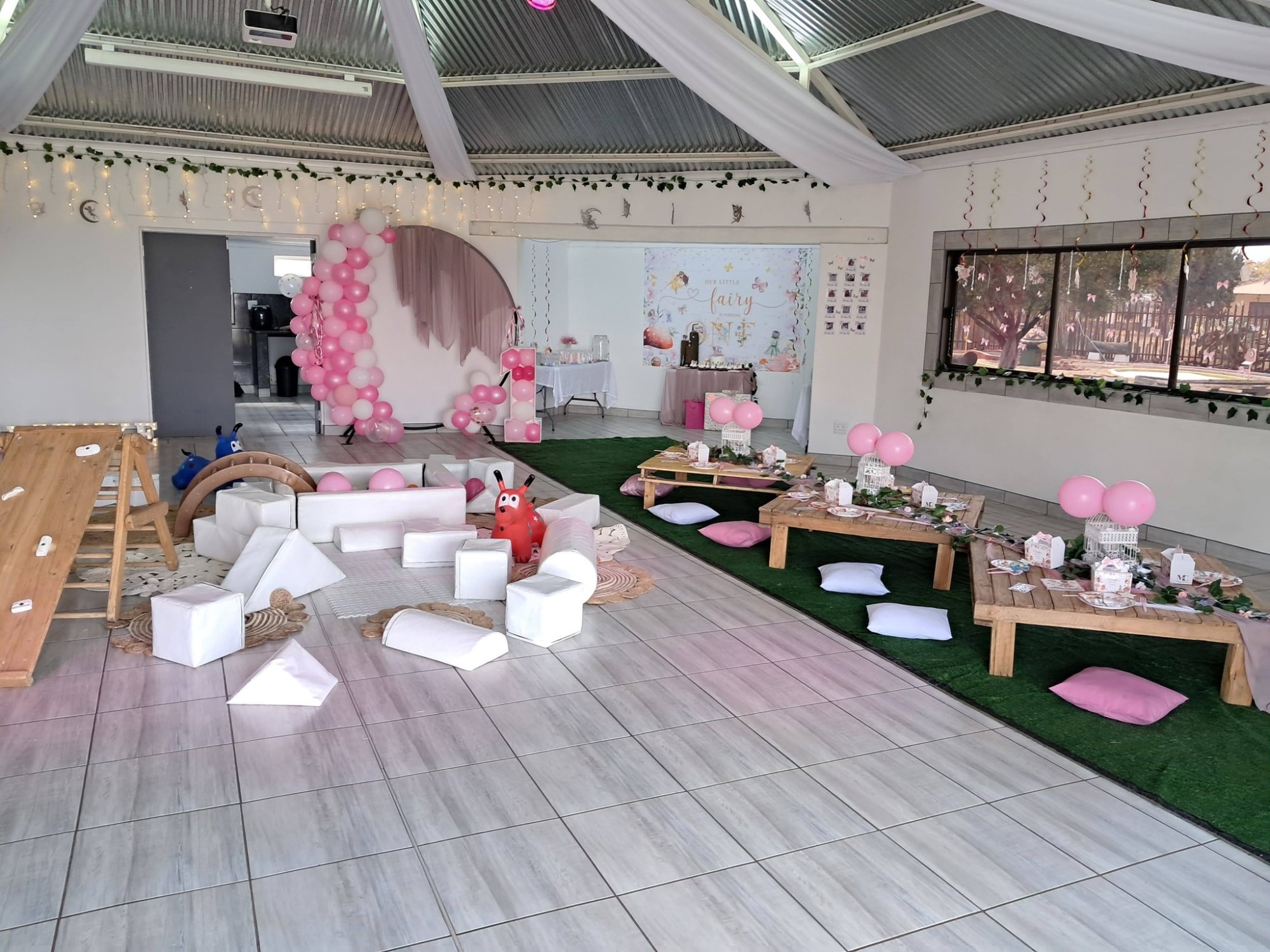 Colorful children's party setup with playful decor and seating