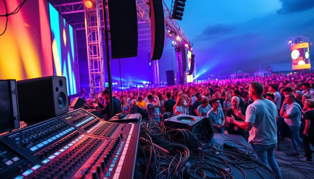 Sound setup at a concert with mixing equipment and stage lighting.